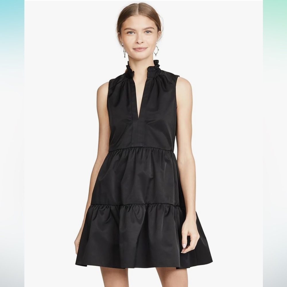 Amanda Uprichard black sleeveless saffron v-neck tiered taffeta mini dress